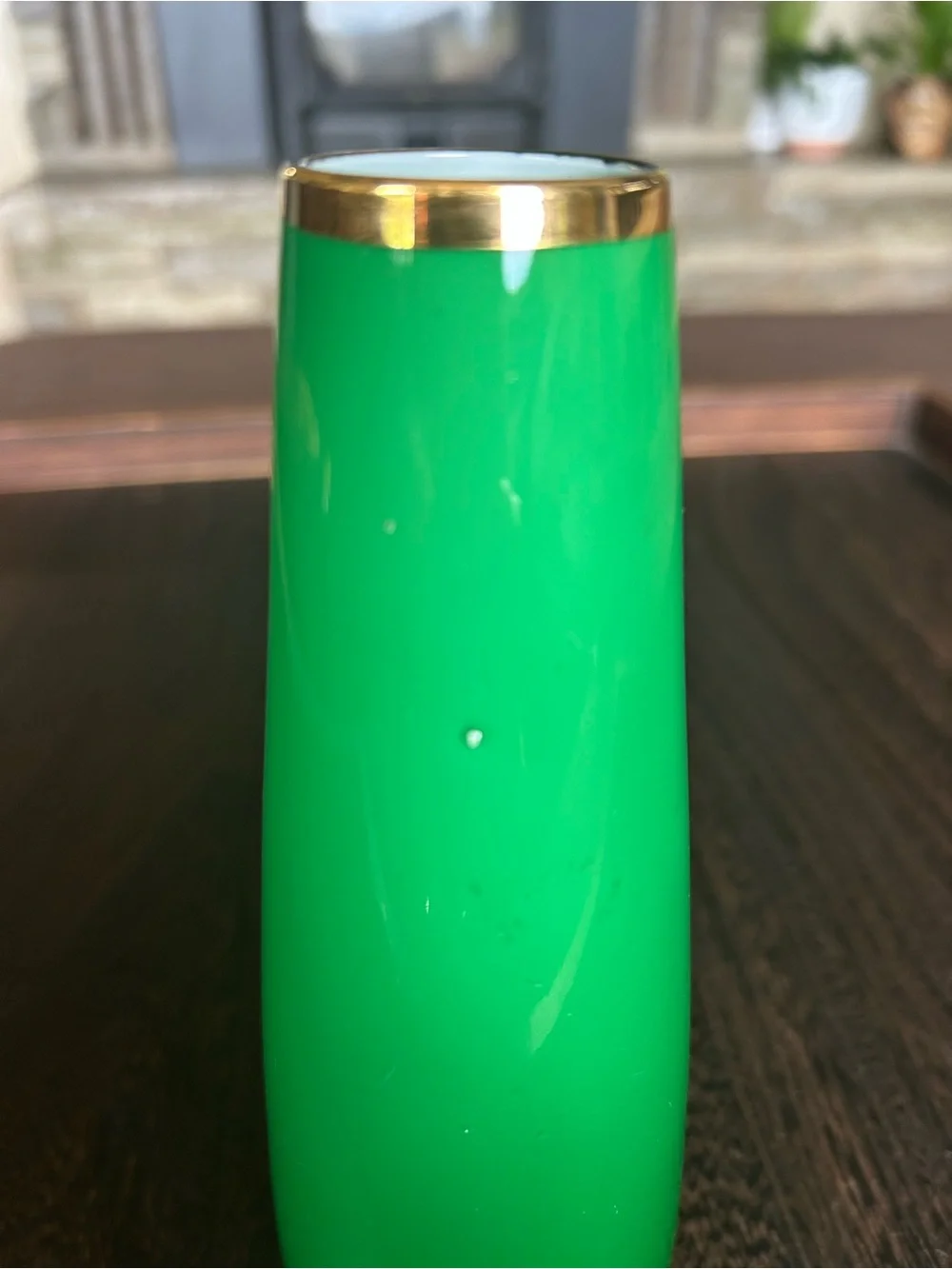 Vintage Emerald Green Art Glass Vase Hand Painted Enamel Floral Gold Trim 9” MCM